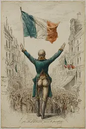 Midjourney generated image using SREF code Fluxographia: A drawing of a man holding a flag in front of a crowd.