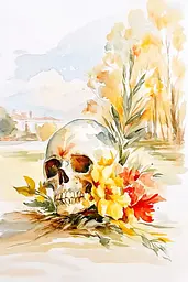 Midjourney generated image using SREF code Elysian Hues: A watercolor painting of a skull with flowers on it.