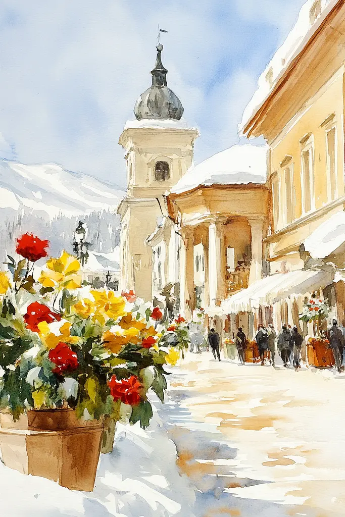 Midjourney generated image using SREF code Elysian Hues: A watercolor painting of a snowy street with flowers in pots.