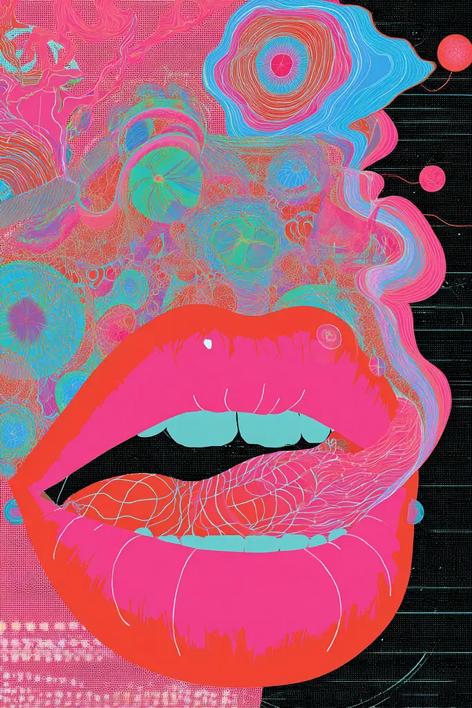 Midjourney generated image using SREF code Glitchflora: A close up of a woman's mouth with a pink and blue background.
