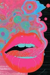 Midjourney generated image using SREF code Glitchflora: A close up of a woman's mouth with a pink and blue background.