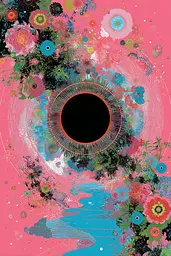 Midjourney generated image using SREF code Glitchflora: A pink poster with a black hole in the middle of it.