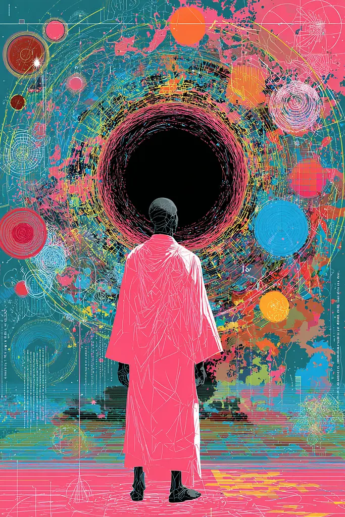 Midjourney generated image using SREF code Glitchflora: A man in a pink robe standing in front of a colorful background.