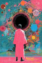 Midjourney generated image using SREF code Glitchflora: A man in a pink robe standing in front of a colorful background.
