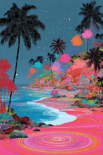Midjourney generated image using SREF code Glitchflora: A painting of a beach with palm trees in the background.