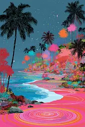 Midjourney generated image using SREF code Glitchflora: A painting of a beach with palm trees in the background.