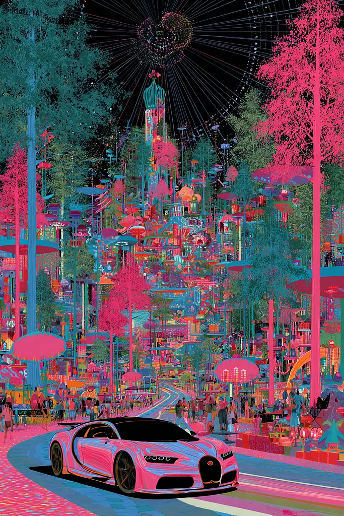Midjourney generated image using SREF code Glitchflora: A pink car driving down a street next to a ferris wheel.