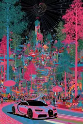 Midjourney generated image using SREF code Glitchflora: A pink car driving down a street next to a ferris wheel.