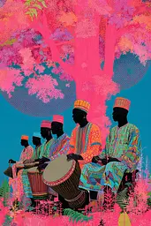 Midjourney generated image using SREF code Glitchflora: A group of people sitting under a tree playing drums.