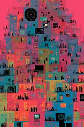 Midjourney generated image using SREF code Glitchflora: A colorful illustration of a city with a clock tower.