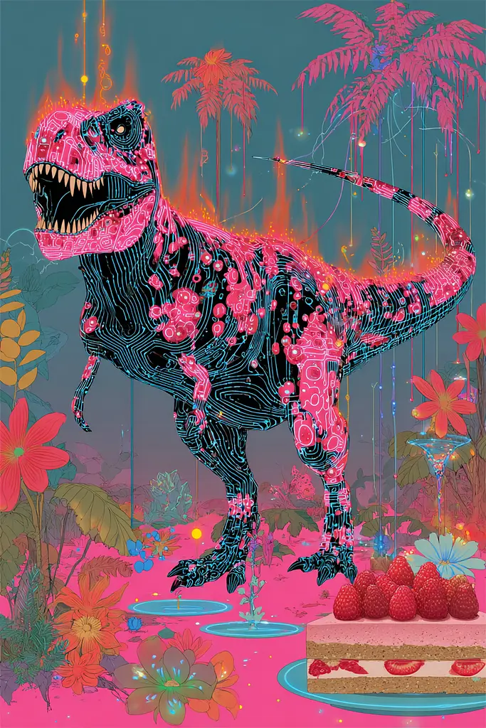 Midjourney generated image using SREF code Glitchflora: A dinosaur with a cake in front of it.