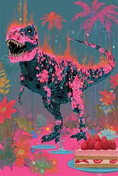 Midjourney generated image using SREF code Glitchflora: A dinosaur with a cake in front of it.