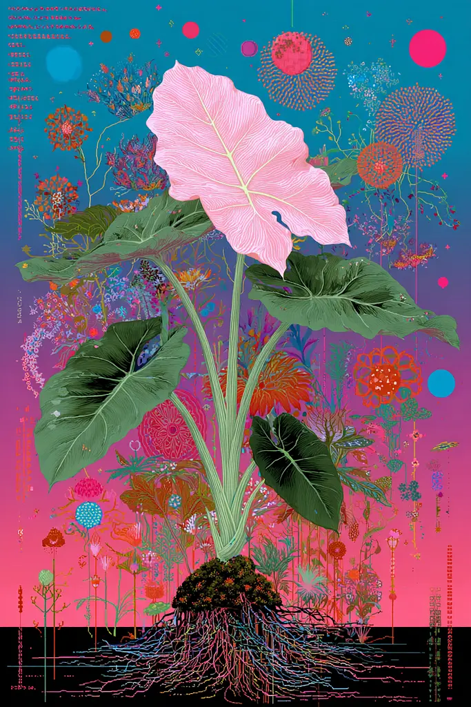 Midjourney generated image using SREF code Glitchflora: A large pink flower in the middle of a colorful background.