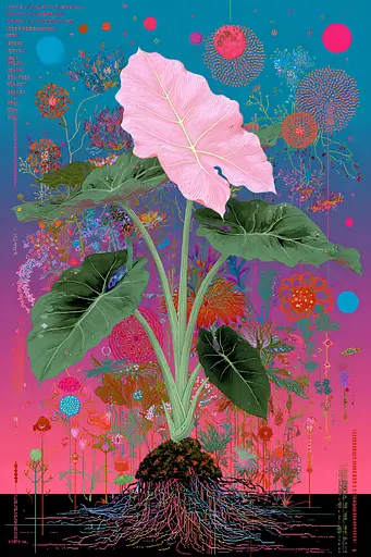 Midjourney generated image using SREF code Glitchflora: A large pink flower in the middle of a colorful background.