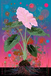 Midjourney generated image using SREF code Glitchflora: A large pink flower in the middle of a colorful background.