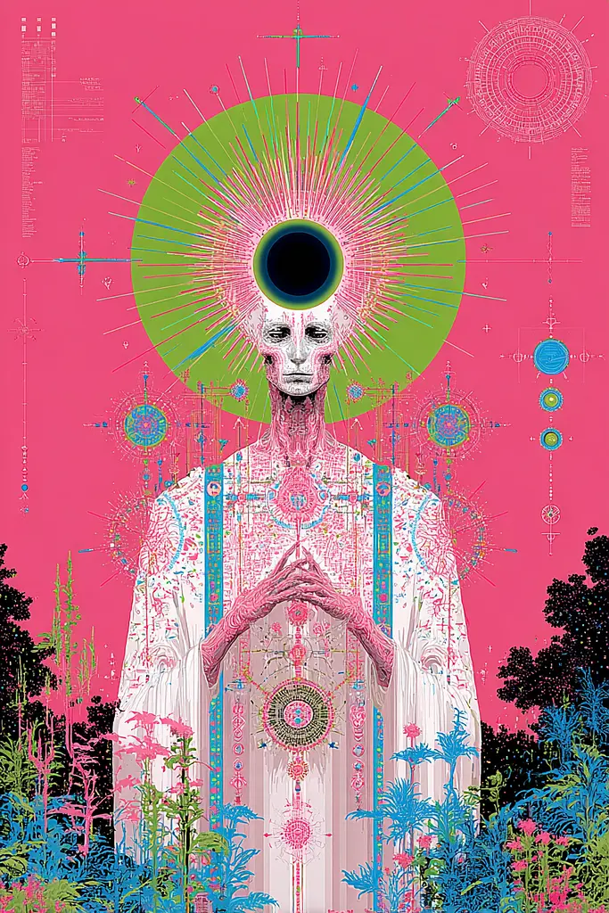 Midjourney generated image using SREF code Glitchflora: A poster of a man in a white robe standing in a field of flowers.