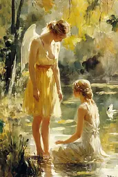 Midjourney generated image using SREF code Elysian Hues: A painting of two young girls in a pond.