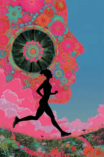 Midjourney generated image using SREF code Glitchflora: A woman running in a field of flowers with a clock in the background.