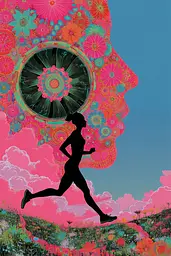Midjourney generated image using SREF code Glitchflora: A woman running in a field of flowers with a clock in the background.