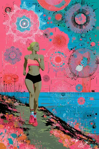 Midjourney generated image using SREF code Glitchflora: A woman jogging on a path in front of a colorful background.