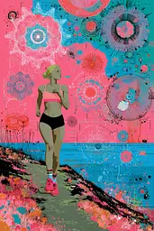 Midjourney generated image using SREF code Glitchflora: A woman jogging on a path in front of a colorful background.