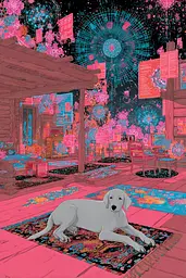 Midjourney generated image using SREF code Glitchflora: A dog laying on a rug in front of a building.