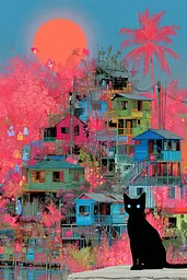 Midjourney generated image using SREF code Glitchflora: A black cat sitting in front of a colorful city.