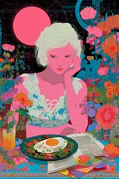Midjourney generated image using SREF code Glitchflora: A woman sitting at a table with a plate of food.