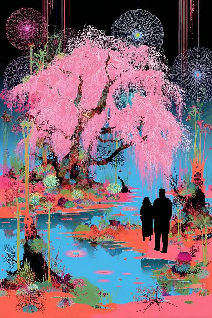 Midjourney generated image using SREF code Glitchflora: A couple of people standing next to a tree in a park.