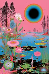 Midjourney generated image using SREF code Glitchflora: A painting of a pond with flowers and trees in the background.