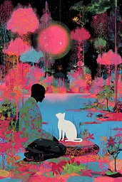Midjourney generated image using SREF code Glitchflora: A man sitting on a rock next to a white cat.