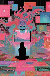 Midjourney generated image using SREF code Glitchflora: A person sitting in a lotus position in front of a large screen.
