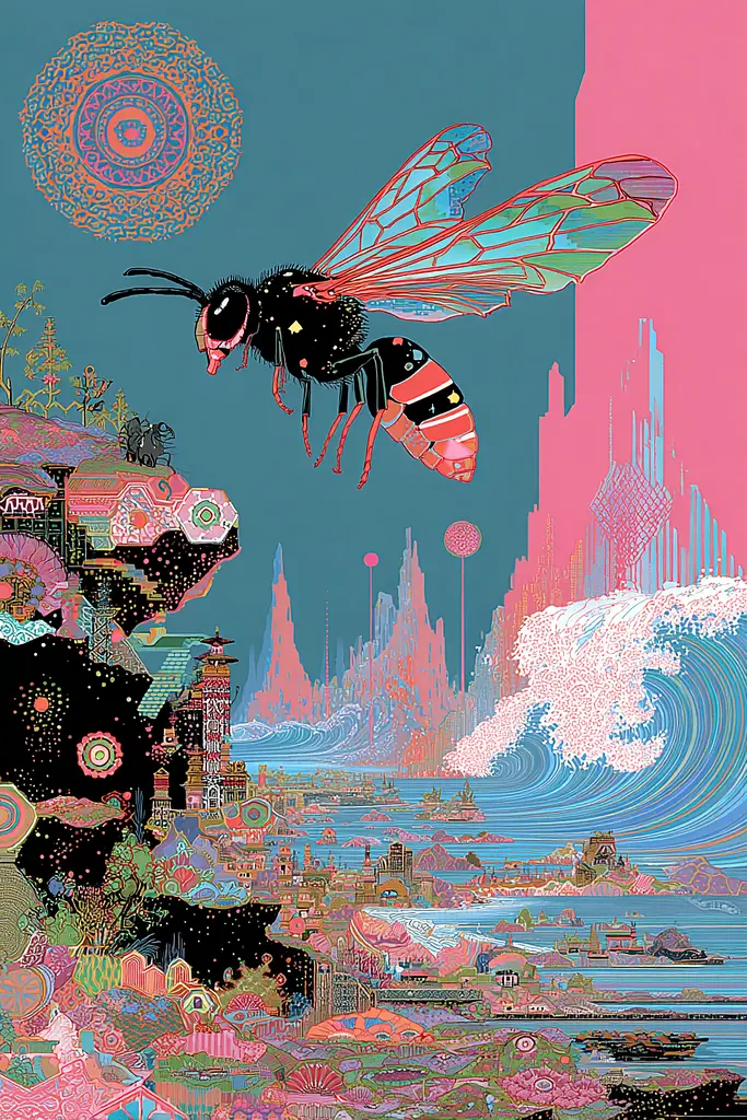 Midjourney generated image using SREF code Glitchflora: A painting of a bee flying over a city.