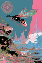 Midjourney generated image using SREF code Glitchflora: A painting of a bee flying over a city.