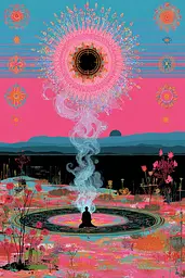 Midjourney generated image using SREF code Glitchflora: A person sitting in a lotus position in the middle of a field.