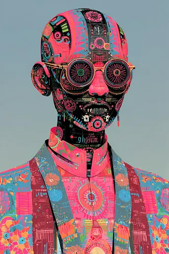 Midjourney generated image using SREF code Glitchflora: A man in a suit and sunglasses with a colorful design on his face.