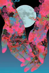 Midjourney generated image using SREF code Glitchflora: A pair of hands holding each other in front of a full moon.