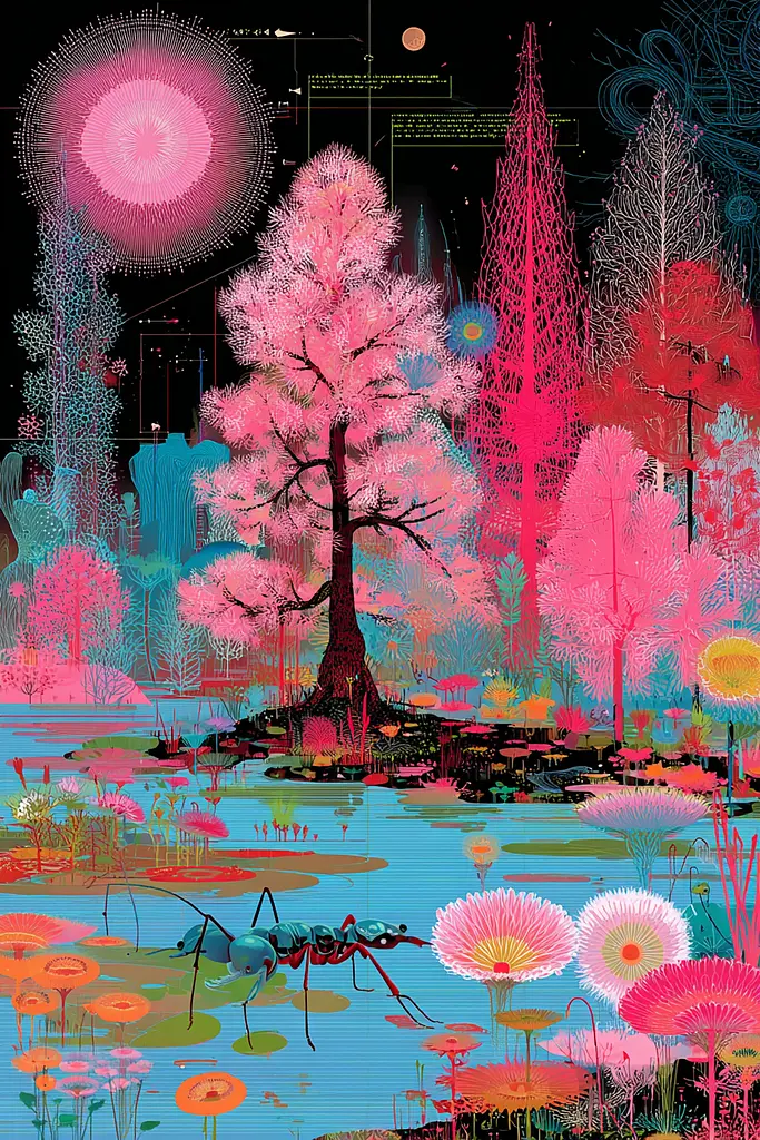 Midjourney generated image using SREF code Glitchflora: A painting of a tree in the middle of a pond surrounded by flowers.