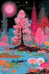 Midjourney generated image using SREF code Glitchflora: A painting of a tree in the middle of a pond surrounded by flowers.