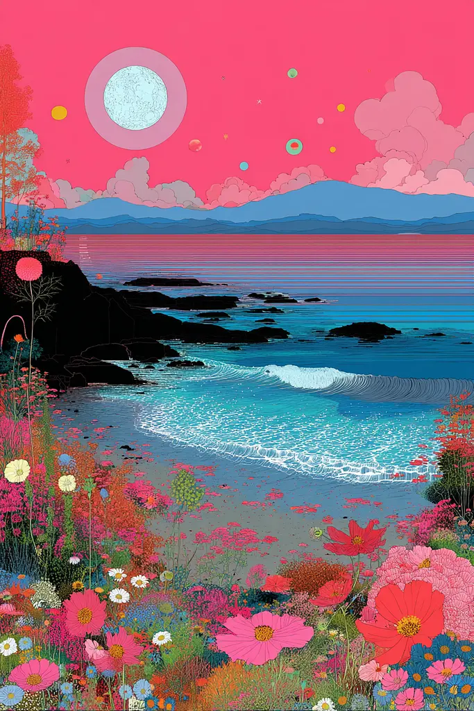 Midjourney generated image using SREF code Glitchflora: A painting of a beach scene with flowers and a full moon.