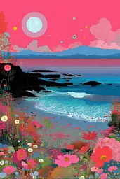 Midjourney generated image using SREF code Glitchflora: A painting of a beach scene with flowers and a full moon.