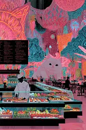 Midjourney generated image using SREF code Glitchflora: A cat sitting in front of a sushi bar in a restaurant.