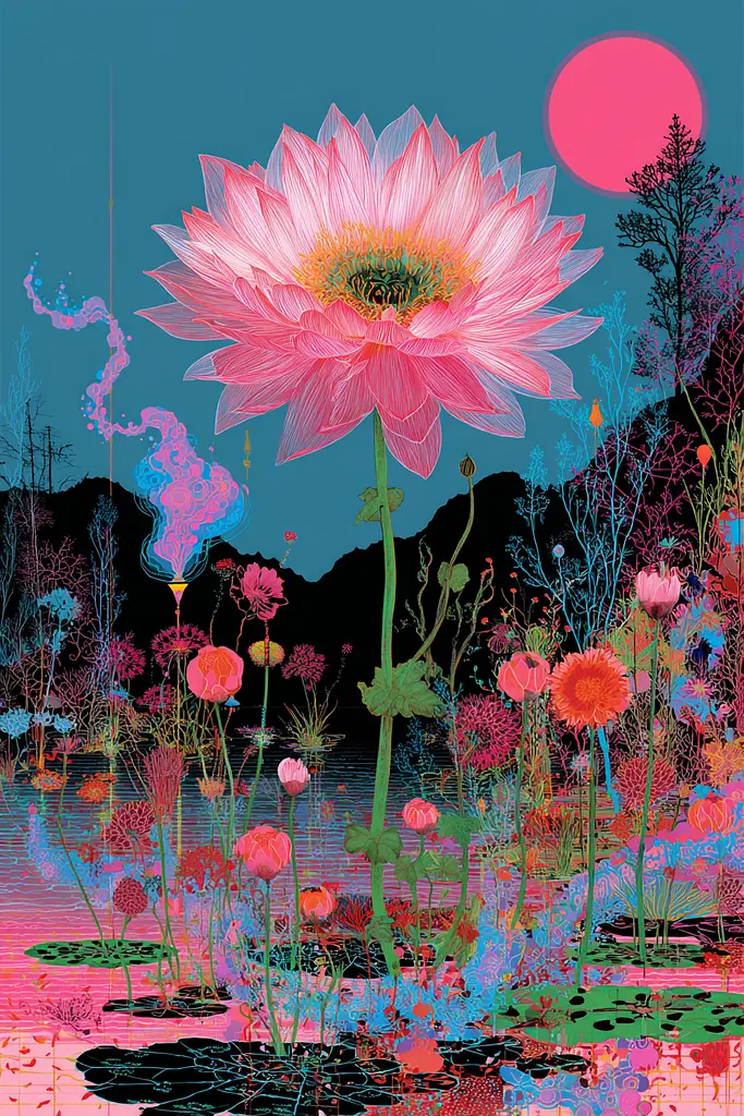 Midjourney generated image using SREF code Glitchflora: A painting of a pink lotus flower in the middle of a pond.