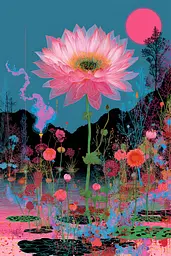 Midjourney generated image using SREF code Glitchflora: A painting of a pink lotus flower in the middle of a pond.