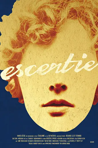 Midjourney generated image using SREF code Indigo Glyph: A poster for the movie Escentie with a woman's face in the middle of it.