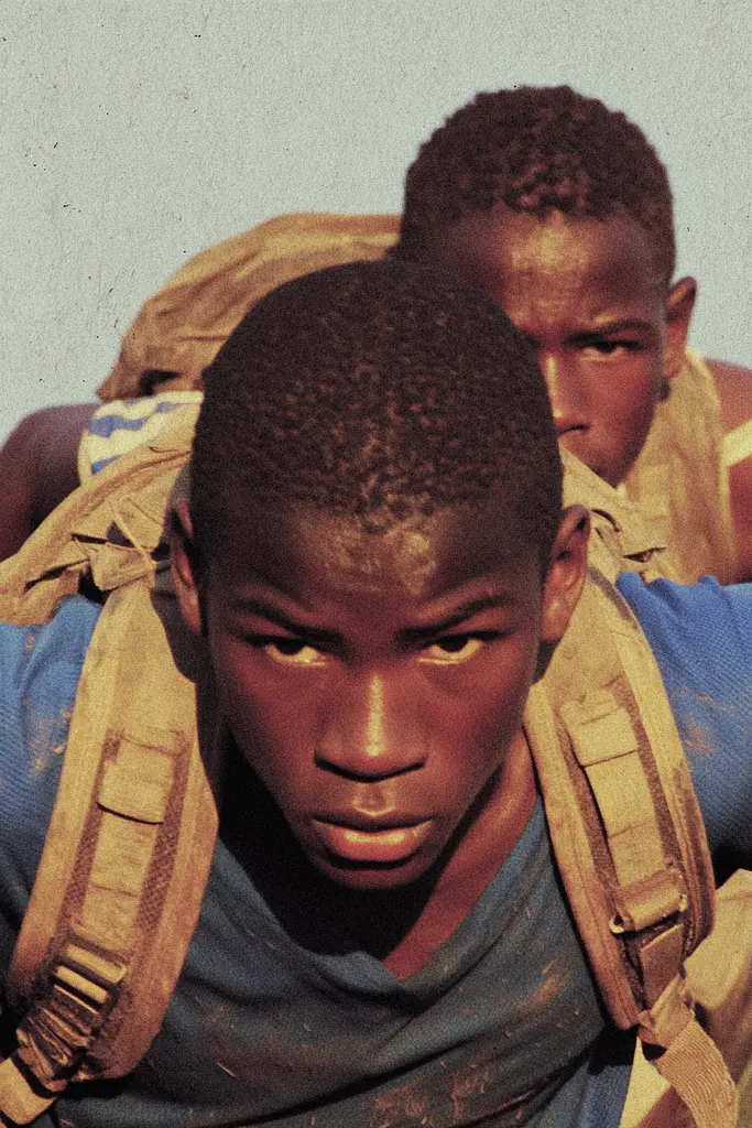 Midjourney generated image using SREF code Indigo Glyph: A group of young men with backpacks on their backs.