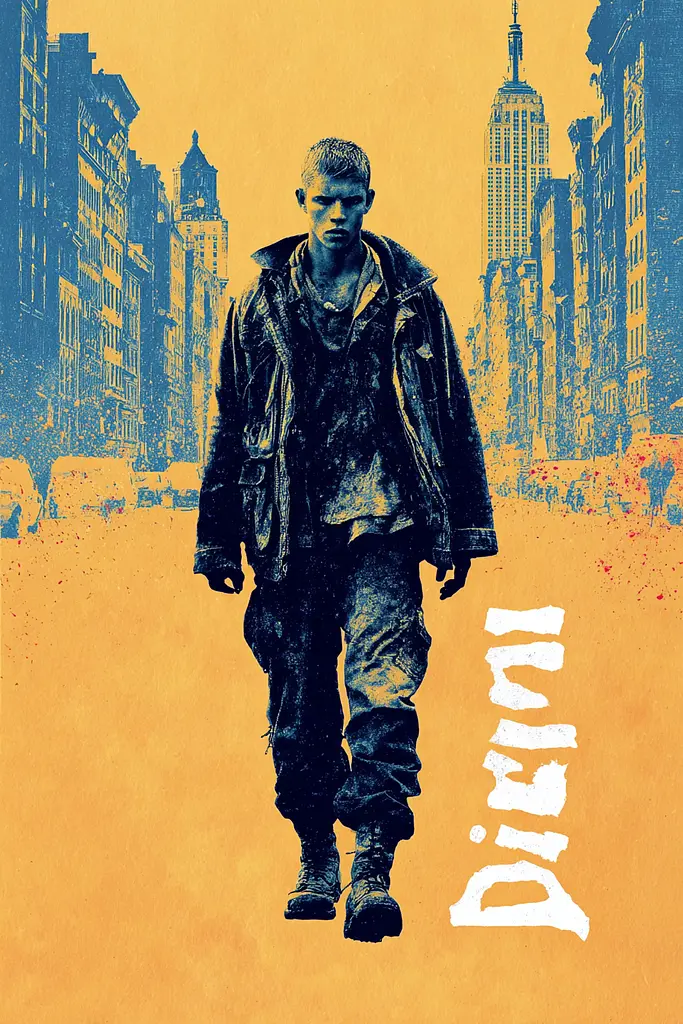 Midjourney generated image using SREF code Indigo Glyph: A man walking down a city street in a movie poster.
