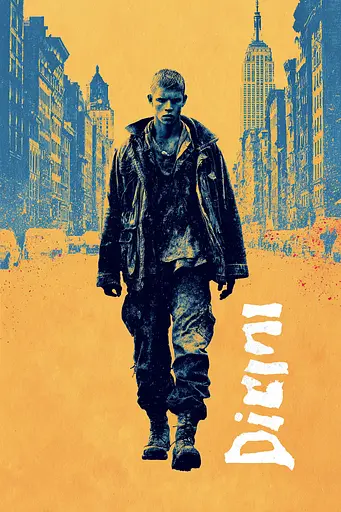 Midjourney generated image using SREF code Indigo Glyph: A man walking down a city street in a movie poster.