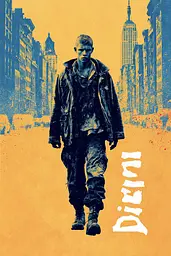 Midjourney generated image using SREF code Indigo Glyph: A man walking down a city street in a movie poster.