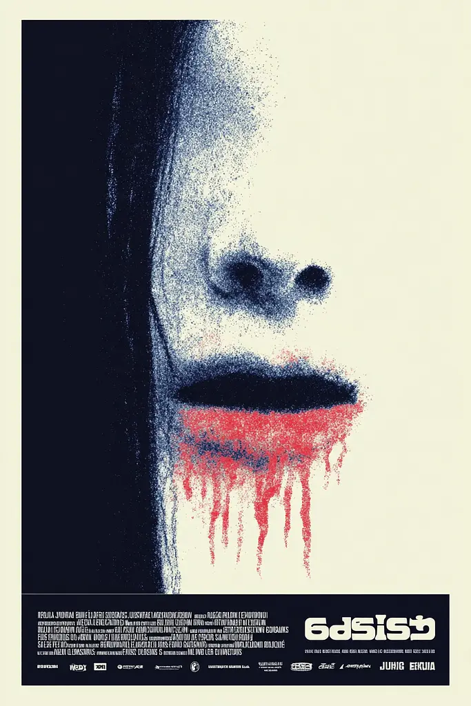 Midjourney generated image using SREF code Indigo Glyph: A poster for a horror movie with blood dripping down the face.